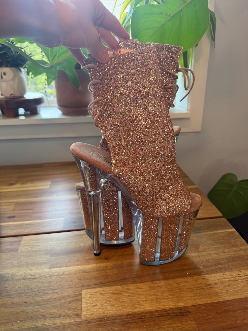 Pleaser Glitter Rose Gold Platform Lace-Up Heels